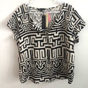 Rachel Zoe Women’s Blouse 1X Short Sleeve Linen Blend Printed Office lightweight